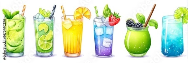 Obraz Refreshing Summer Cocktails - A vibrant collection of six summer cocktails, each showcasing unique fruit and ice combinations. Perfect for a hot day