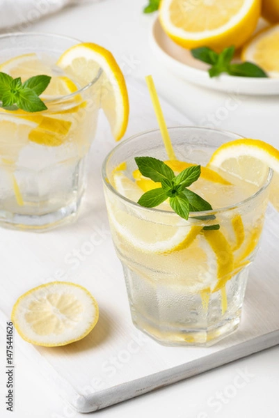 Fototapeta Refreshing lemon and mint beverages served on a white platter during a summer afternoon gathering