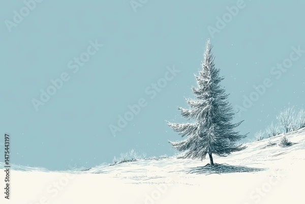 Fototapeta A solitary snow-covered pine tree on a snowy hilltop.