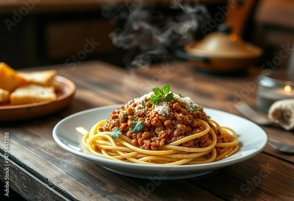 Obraz Rustic wooden table with steaming hot plate of Lentil Bolognese and spaghetti