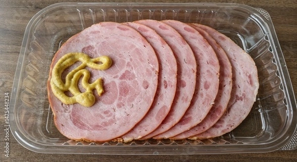 Fototapeta Sliced ham with mustard on side in a clear container  