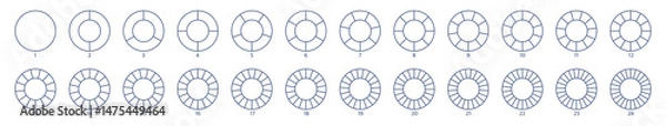 Obraz Segmented circles set. Diagram wheel parts. Line art segment slice sign. Circle section graph. Pie chart icon. Round diagram part infographic. Geometric element. Vector illustration