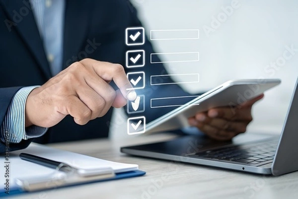 Fototapeta Businessman touching to tick correct mark in checklist with progressive loading status to remind work task progressive for project develop management and tracking concept.