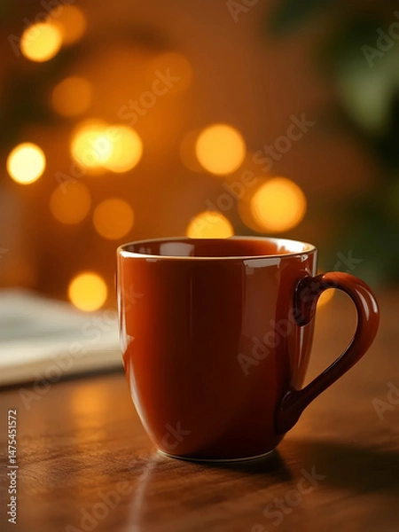 Fototapeta A white mug of hot tea and a brown cup of coffee sit on a cafe table, ready for a morning drink