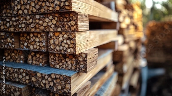 Fototapeta Stacked wooden planks with textured surfaces in natural lighting