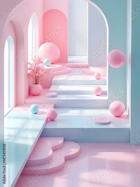 Fototapeta A pink room features a window, possibly with flowers, showcasing interior design with light illuminating the wall and floor