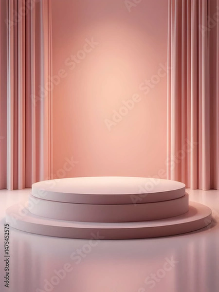 Fototapeta An empty theater stage features multiple red curtains dramatically lit by spotlights, ready for a show