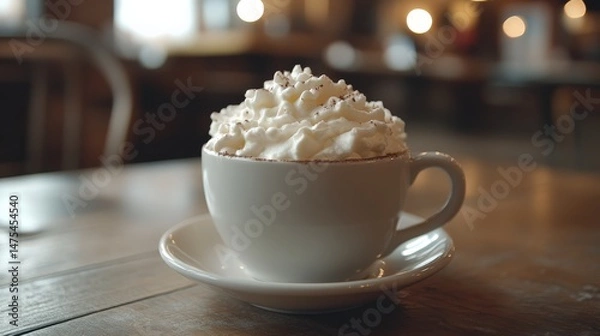 Obraz Delicious creamy hot beverage with whipped topping in cozy cafe setting