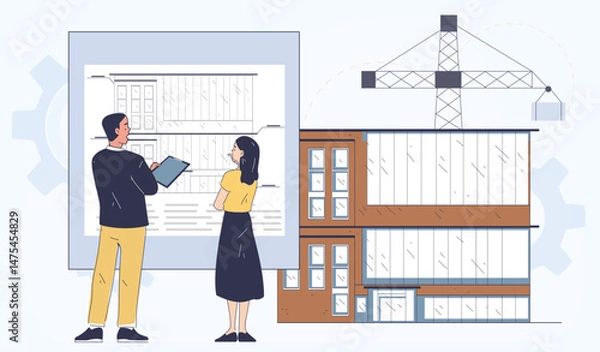 Fototapeta Two architects review a blueprint in front of a construction site illustration with a crane and modern building on a light background. Concept of architecture. Vector illustration