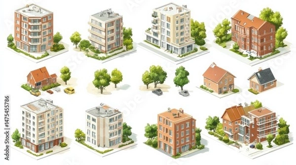 Fototapeta Collection of isometric building illustrations featuring various architectural styles