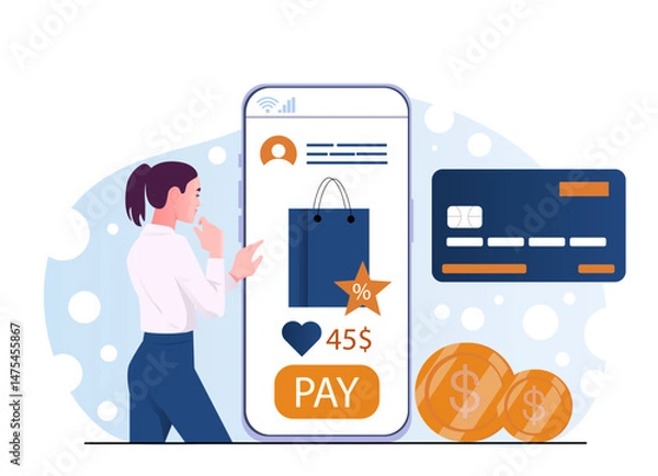 Fototapeta Woman using a smartphone to make an online purchase, with shopping bag, credit card, and coins on a light abstract background. Concept of mobile payment. Vector illustration