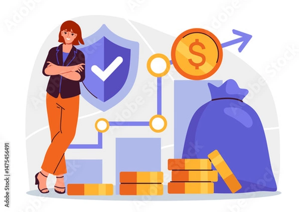 Fototapeta Confident businesswoman standing by financial icons including coins, shield, and chart on abstract background. Concept of finance growth and security. Vector illustration