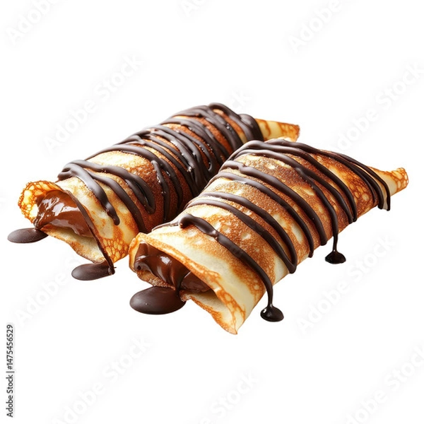 Fototapeta Delicious chocolate drizzled filled crepes presented on a white background, Chocolate drizzled, filled crepes isolated on white background