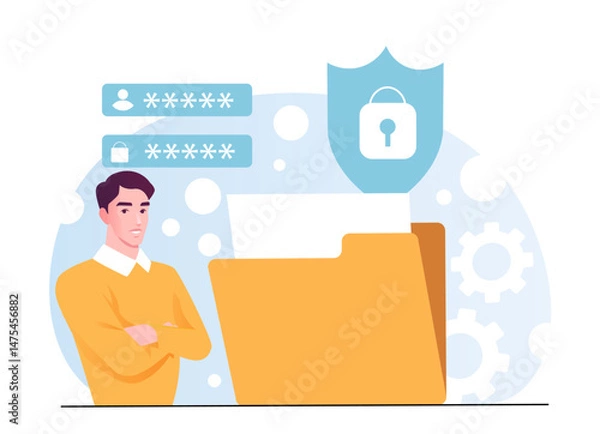 Obraz Man standing near folder with lock shield icon, password fields and gear icons in flat style on abstract background. Concept of cybersecurity and privacy. Vector illustration