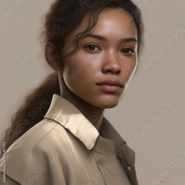 Obraz A highly detailed, hyper-realistic close-up portrait of an AI-generated human face. This digital artwork features lifelike skin textures, expressive eyes, and natural lighting.