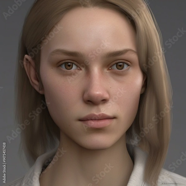 Obraz A highly detailed, hyper-realistic close-up portrait of an AI-generated human face. This digital artwork features lifelike skin textures, expressive eyes, and natural lighting.