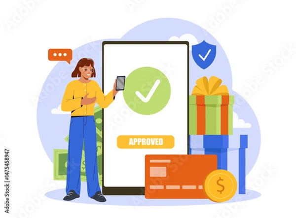 Fototapeta Woman holding smartphone near large screen with check mark and approved message, flat style, on white background. Concept of digital payment success. Vector illustration