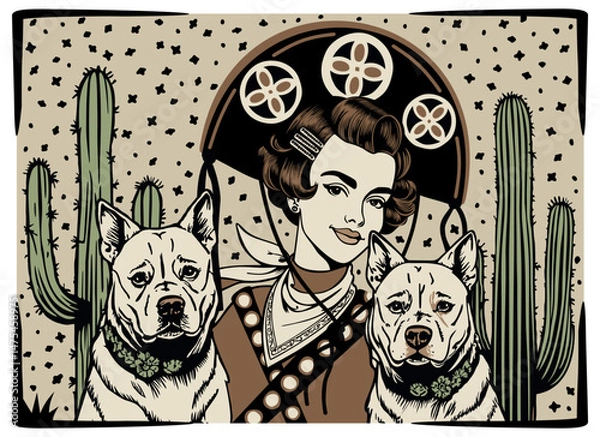 Obraz Woman in cangaceiro hat with two dogs. Northeast Brazil folklore. Vector illustration. Brazilian cordel
