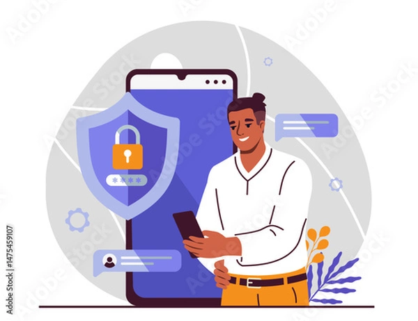Fototapeta A man using a smartphone with large phone display behind, shield and lock icon showing data protection, modern flat style on abstract background. Vector illustration