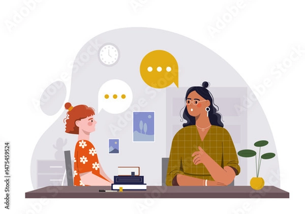 Fototapeta A young girl speaks with a female therapist across a desk in a calm office setting, with books and speech bubbles shown, symbolizing communication. Vector illustration