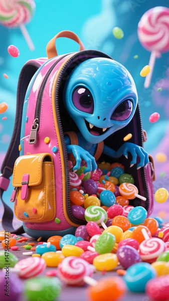 Fototapeta Whimsical Blue Alien Peeking Backpack Candy Spilling Mischievous Fun HD Character Design Art