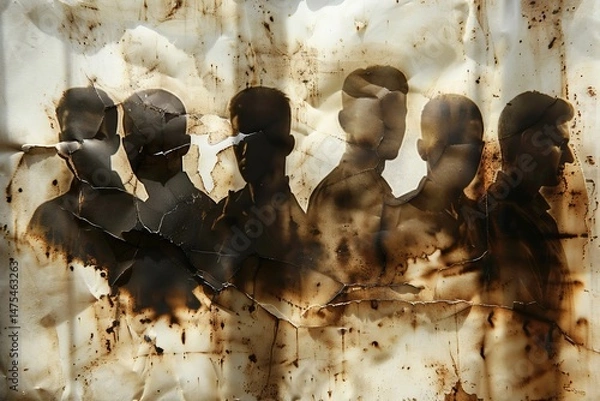 Fototapeta Silhouettes of six male figures emerging from a crumpled backdrop with burnt edges, creating a haunting and abstract representation of memory.