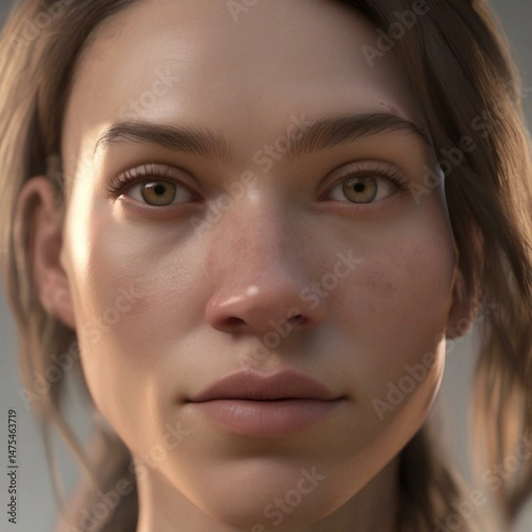 Obraz A highly detailed, hyper-realistic close-up portrait of an AI-generated human face. This digital artwork features lifelike skin textures, expressive eyes, and natural lighting.