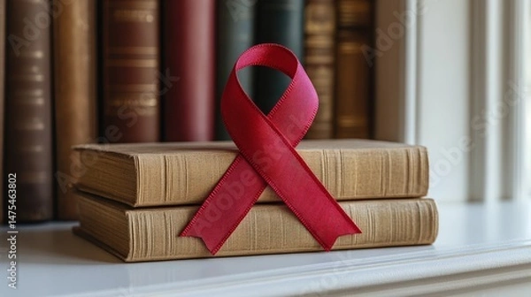 Fototapeta Red ribbon on vintage books symbolizing awareness and support