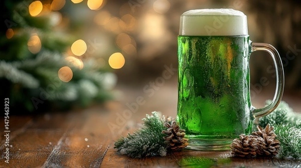 Fototapeta Festive green beer in a mug surrounded by pine cones and holiday lights