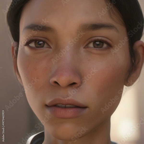 Obraz A highly detailed, hyper-realistic close-up portrait of an AI-generated human face. This digital artwork features lifelike skin textures, expressive eyes, and natural lighting.