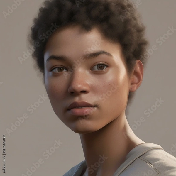 Obraz A highly detailed, hyper-realistic close-up portrait of an AI-generated human face. This digital artwork features lifelike skin textures, expressive eyes, and natural lighting.