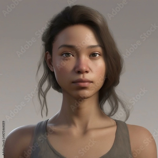 Obraz A highly detailed, hyper-realistic close-up portrait of an AI-generated human face. This digital artwork features lifelike skin textures, expressive eyes, and natural lighting.