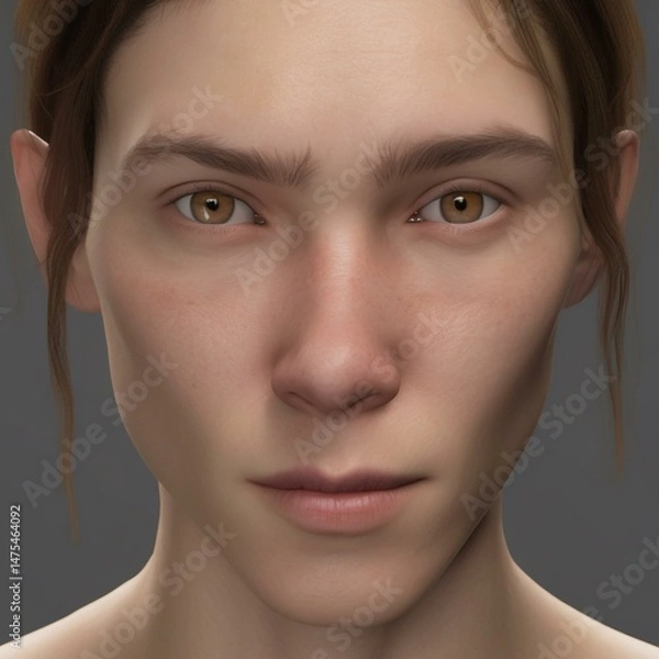 Obraz A highly detailed, hyper-realistic close-up portrait of an AI-generated human face. This digital artwork features lifelike skin textures, expressive eyes, and natural lighting.