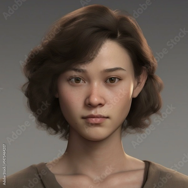 Obraz A highly detailed, hyper-realistic close-up portrait of an AI-generated human face. This digital artwork features lifelike skin textures, expressive eyes, and natural lighting.