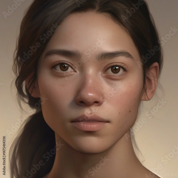 Obraz A highly detailed, hyper-realistic close-up portrait of an AI-generated human face. This digital artwork features lifelike skin textures, expressive eyes, and natural lighting.