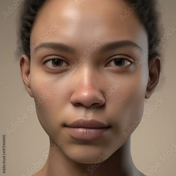Obraz A highly detailed, hyper-realistic close-up portrait of an AI-generated human face. This digital artwork features lifelike skin textures, expressive eyes, and natural lighting.