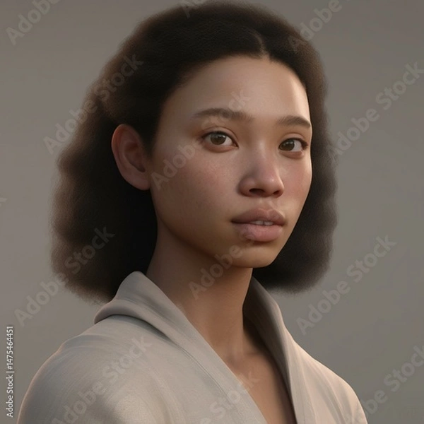 Obraz A highly detailed, hyper-realistic close-up portrait of an AI-generated human face. This digital artwork features lifelike skin textures, expressive eyes, and natural lighting.