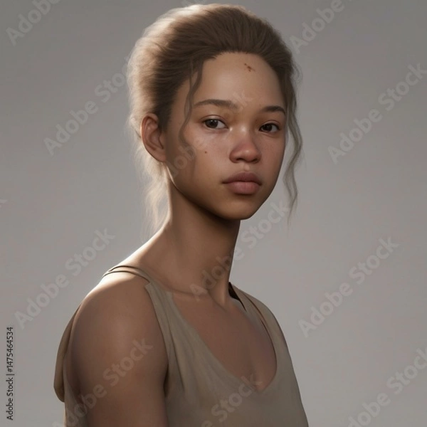 Obraz A highly detailed, hyper-realistic close-up portrait of an AI-generated human face. This digital artwork features lifelike skin textures, expressive eyes, and natural lighting.