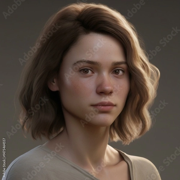 Obraz A highly detailed, hyper-realistic close-up portrait of an AI-generated human face. This digital artwork features lifelike skin textures, expressive eyes, and natural lighting.