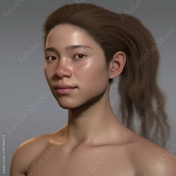 Obraz A highly detailed, hyper-realistic close-up portrait of an AI-generated human face. This digital artwork features lifelike skin textures, expressive eyes, and natural lighting.
