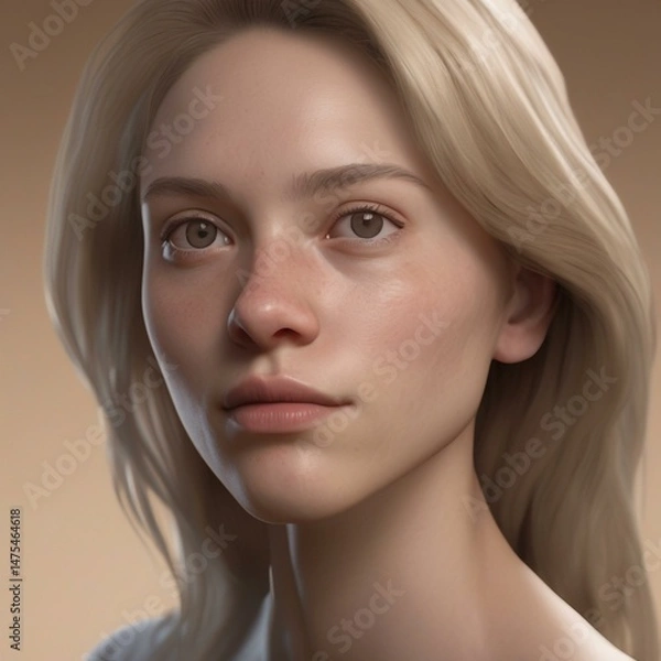Obraz A highly detailed, hyper-realistic close-up portrait of an AI-generated human face. This digital artwork features lifelike skin textures, expressive eyes, and natural lighting.