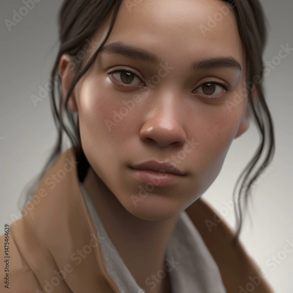 Obraz A highly detailed, hyper-realistic close-up portrait of an AI-generated human face. This digital artwork features lifelike skin textures, expressive eyes, and natural lighting.
