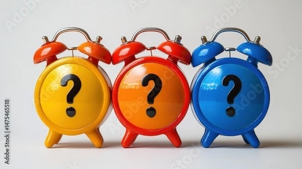 Fototapeta Colorful alarm clocks with question marks emphasizing time management concepts