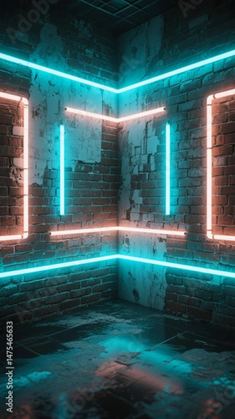 Fototapeta Modern Futuristic Neon Lights Grunge Brick Wall Room Background 3D Rendering HD Urban Scene