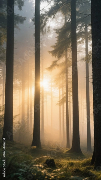 Fototapeta HD Misty Forest Sunrise Golden Light Filtering Tall Trees Soft Focus Dreamy Aesthetic Scene
