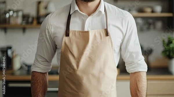 Fototapeta Close-up view of a man wearing a light beige apron.
