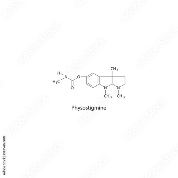 Fototapeta Physostigmine skeletal structure. Reversible acetylcholinesterase inhibitor (tertiary amine) compound schematic illustration. Simple diagram, chemical formula.