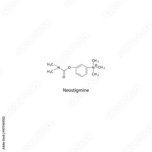 Fototapeta Neostigmine skeletal structure. Reversible acetylcholinesterase inhibitor compound schematic illustration. Simple diagram, chemical formula.