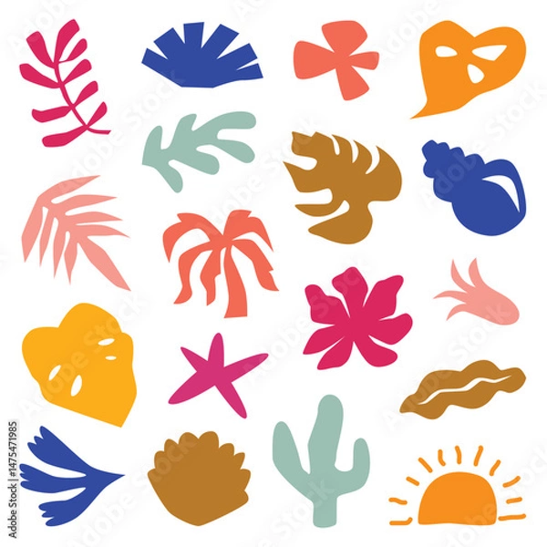 Obraz Set of hand drawn colorful abstract tropical leaves. Summer exotic plants, branches and flowers. Boho botanical collection. Rain forest monstera, banana tree, palm foliage. Flat vector illustration.