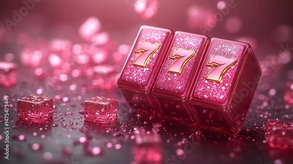 Obraz Pink slot machine showing three sevens, on a surface filled with small squares